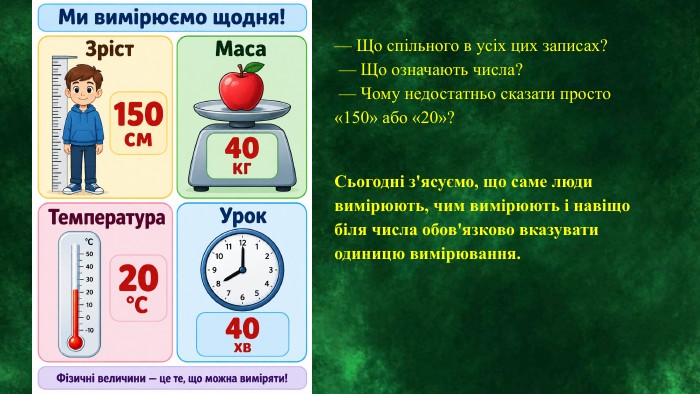 — Що спільного в усіх цих записах? — Що означають числа? — Чому недостатньо сказати просто «150» або «20»?Сьогодні з'ясуємо, що саме люди вимірюють, чим вимірюють і навіщо біля числа обов'язково вказувати одиницю вимірювання.