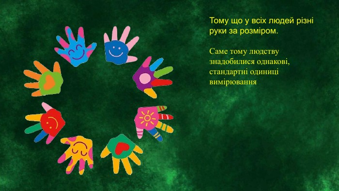 Тому що у всіх людей різні руки за розміром. Саме тому людству знадобилися однакові, стандартні одиниці вимірювання 