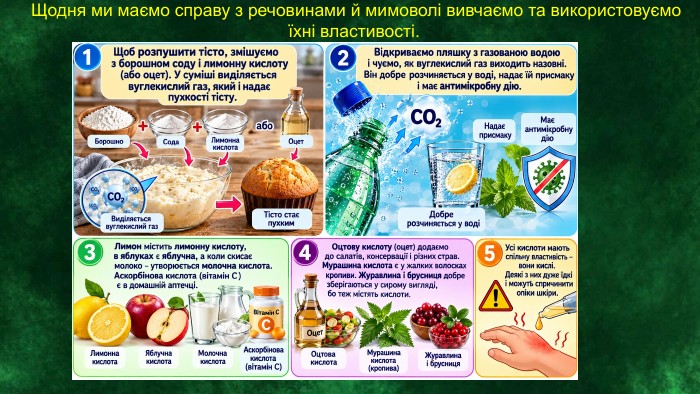 Щодня ми маємо справу з речовинами й мимоволі вивчаємо та використовуємо їхні властивості. 
