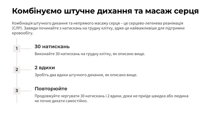 Комбінуємо штучне дихання та масаж серця. Комбінація штучного дихання та непрямого масажу серця – це серцево-легенева реанімація (СЛР). Завжди починайте з натискань на грудну клітку, адже це найважливіше для підтримки кровообігу.130 натискань. Виконайте 30 натискань на грудну клітку, як описано вище.22 вдихи. Зробіть два вдихи штучного дихання, як описано вище.3 Повторюйте. Продовжуйте чергувати 30 натискань і 2 вдихи, доки не приїде швидка або людина не почне дихати самостійно.