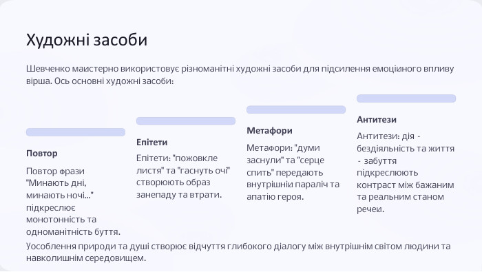 Художні засоби. Шевченко майстерно використовує різноманітні художні засоби для підсилення емоційного впливу вірша. Ось основні художні засоби: Повтор. Повтор фрази 