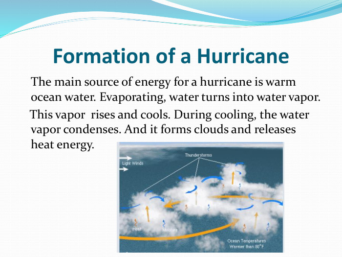 Formation of a Hurricane	The main source of energy for a hurricane is warm ocean water. Evaporating, water turns into water vapor. This vapor rises and cools. During cooling, the water vapor condenses. And it forms clouds and releases heat energy. 