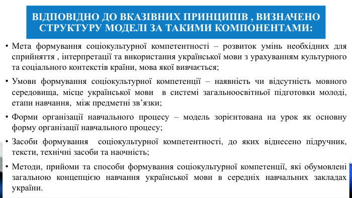 Відповідно до вказівних принципів , визначено структуру моделі за такими компонентами: Мета формування соціокультурної компетентності – розвиток умінь необхідних для сприйняття , інтерпретації та використання української мови з урахуванням культурного та соціального контекстів країни, мова якої вивчається;Умови формування соціокультурної компетенції – наявність чи відсутність мовного середовища, місце української мови в системі загальноосвітньої підготовки молоді, етапи навчання, між предметні зв’язки;Форми організації навчального процесу – модель зорієнтована на урок як основну форму організації навчального процесу;Засоби формування соціокультурної компетентності, до яких віднесено підручник, тексти, технічні засоби та наочність;Методи, прийоми та способи формування соціокультурної компетенції, які обумовлені загальною концепцією навчання української мови в середніх навчальних закладах україни.