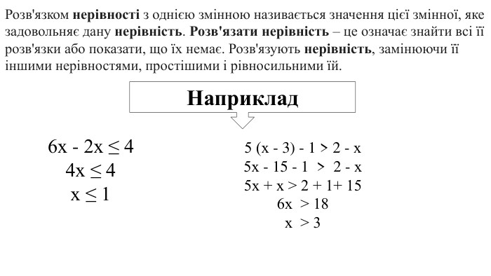 Розв'язком нерівності з однією змінною називається значення цієї змінної, яке задовольняє дану нерівність. Розв'язати нерівність – це означає знайти всі її розв'язки або показати, що їх немає. Розв'язують нерівність, замінюючи її іншими нерівностями, простішими і рівносильними їй. Наприклад 6х - 2х ≤ 44х ≤ 4х ≤ 15 (х - 3) - 1 > 2 - х5х - 15 - 1 > 2 - х5х + х > 2 + 1+ 156х > 18х > 3