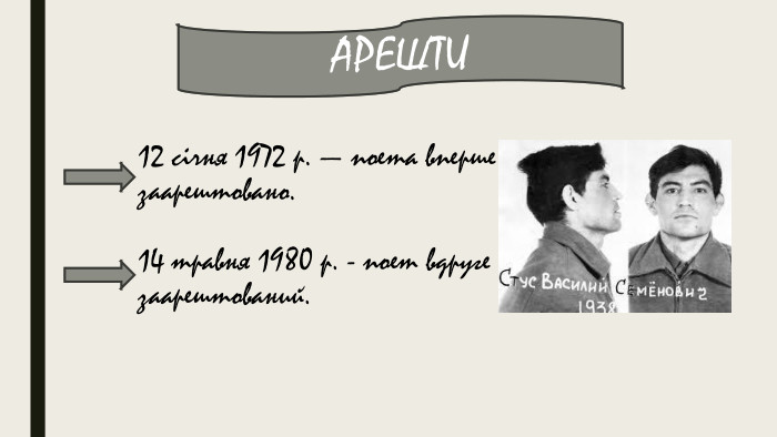12 січня 1972 р. — поета вперше заарештовано.14 травня 1980 р. - поет вдруге заарештований. АРЕШТИ