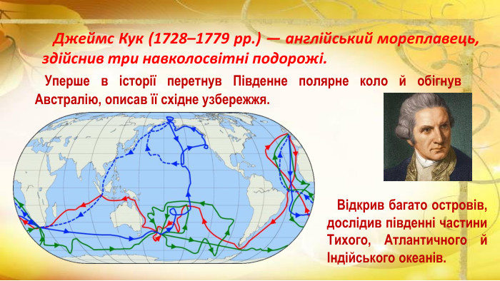  Відкрив багато островів, дослідив південні частини Тихого, Атлантичного й Індійського океанів. Джеймс Кук (1728–1779 рр.) — англійський мореплавець, здійснив три навколосвітні подорожі. Уперше в історії перетнув Південне полярне коло й обігнув Австралію, описав її східне узбережжя. 