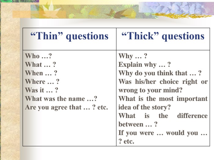 “Thin” questions “Thick” questions Who …? What … ? When … ? Where … ? Was it … ? What was the name …? Are you agree that … ? etc. Why … ? Explain why … ? Why do you think that … ? Was his/her choice right or wrong to your mind? What is the most important idea of the story? What is the difference between … ?  If you were … would you … ? etc. 