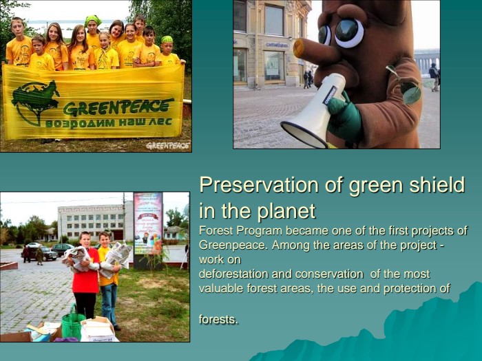 Preservation of green shield in the planetForest Program became one of the first projects of Greenpeace. Among the areas of the project - work on deforestation and conservation  of the most valuable forest areas, the use and protection of forests.  