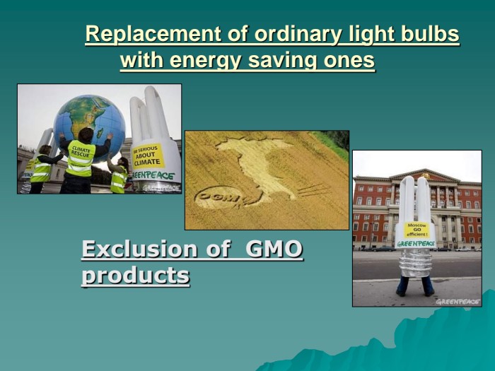 	Replacement of ordinary light bulbs with energy saving ones Exclusion of  GMO  products  