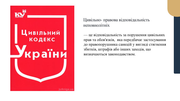 Цивільно- правова відповідальність неповнолітніх— це відповідальність за порушення цивільних прав та обов'язків, яка передбачає застосування до правопорушника санкцій у вигляді стягнення збитків, штрафів або інших заходів, що визначаються законодавством.