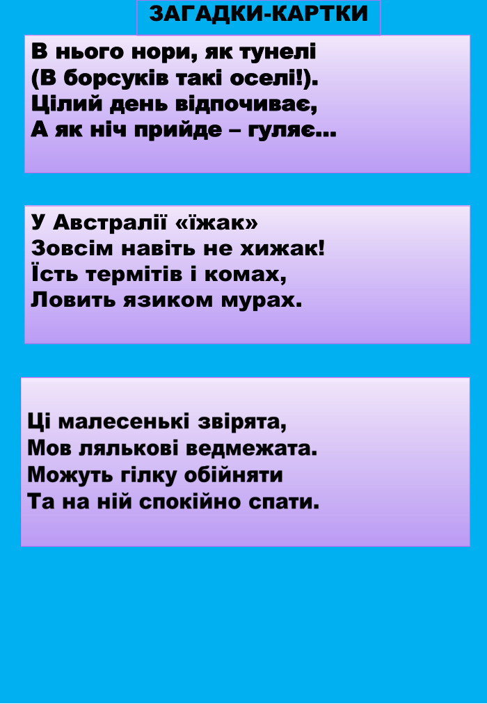 В нього нори, як тунелі(В борсуків такі оселі!). Цілий день відпочиває,А як ніч прийде – гуляє…ЗАГАДКИ-КАРТКИУ Австралії «їжак»Зовсім навіть не хижак!Їсть термітів і комах,Ловить язиком мурах.
