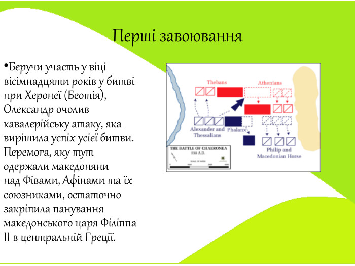Перші завоювання. Беручи участь у віці вісімнадцяти років у битві при Херонеї (Беотія), Олександр очолив кавалерійську атаку, яка вирішила успіх усієї битви. Перемога, яку тут одержали македоняни над Фівами, Афінами та їх союзниками, остаточно закріпила панування македонського царя Філіппа ІІ в центральній Греції.