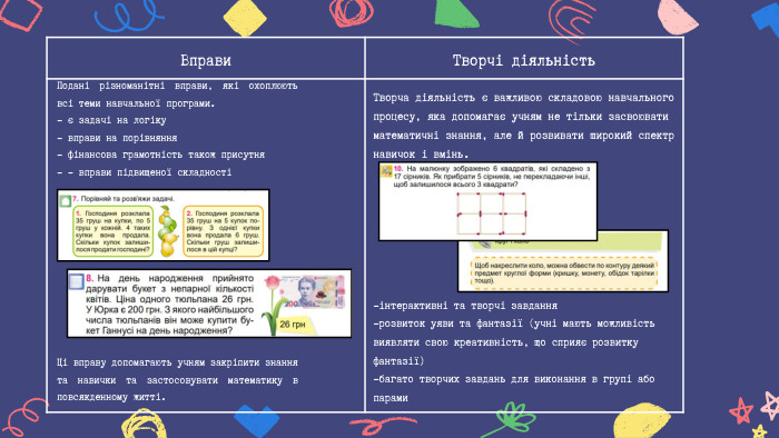 Вправи Творчі діяльність. Творча діяльність є важливою складовою навчального процесу, яка допомагає учням не тільки засвоювати математичні знання, але й розвивати широкий спектр навичок і вмінь. -інтерактивні та творчі завдання -розвиток уяви та фантазії (учні мають можливість виявляти свою креативність, що сприяє розвитку фантазії) -багато творчих завдань для виконання в групі або парами. Подані різноманітні вправи, які охоплюють всі теми навчальної програми.- є задачі на логіку - вправи на порівняння - фінансова грамотність також присутня- - вправи підвищеної складності Ці вправу допомагають учням закріпити знання та навички та застосовувати математику в повсякденному житті.
