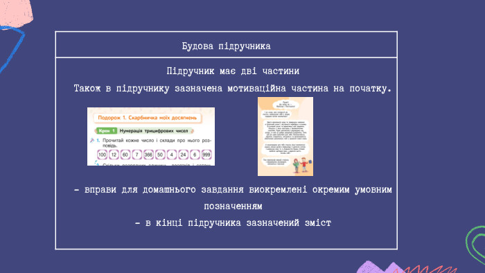 Будова підручника. Підручник має дві частини. Також в підручнику зазначена мотиваційна частина на початку.- вправи для домашнього завдання виокремлені окремим умовним позначенням - в кінці підручника зазначений зміст