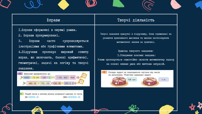 Вправи Творчі діяльність. Творчі завдання присутні в підручнику. Вони спрямовані на розвиток креативного мислення та вміння застосовувати математичні знання на практиці. Приклад творчого завдання: 1. Створення власних завдань: Учням пропонується самостійно скласти математичну задачу на основі певних умов або життєви ситуацій.1. Вправи оформлені в окремі рамки.2. Вправи пронумеровані.3. Вправи часто супроводжуються ілюстраціями або графічними елемнтами.4. Підручник пропонує широкий спектр вправ, що включають, базові арифметичні, геометричні, задачі на логіку та творчі завдання.