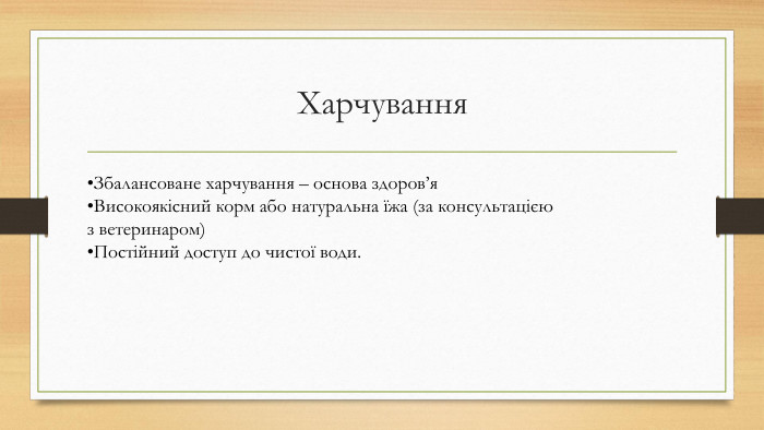 Харчування. Збалансоване харчування – основа здоров’я. Високоякісний корм або натуральна їжа (за консультацією з ветеринаром)Постійний доступ до чистої води.