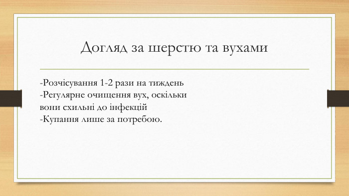 Догляд за шерстю та вухами-Розчісування 1-2 рази на тиждень-Регулярне очищення вух, оскільки вони схильні до інфекцій-Купання лише за потребою.