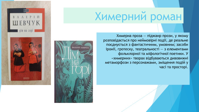 Химерний роман. Химерна проза — піджанр прози, у якому розповідається про неймовірні події, де реальне поєднується з фантастичним, умовним; засоби іронії, гротеску, театральності — з елементами фольклорної та міфологічної поетики. У «химерних» творах відбуваються дивовижні метаморфози з персонажами, зміщення подій у часі та просторі.