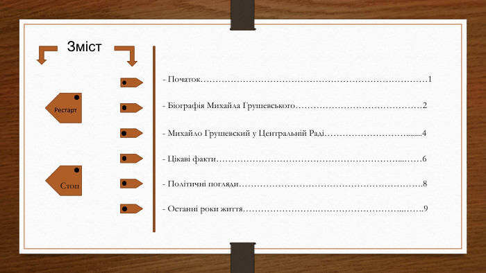 Зміст- Початок…………………………………………………………………1- Біографія Михайла Грушевського……………………………………2- Михайло Грушевский у Центральній Раді………………………........4- Цікаві факти……………………………………………………...……6- Політичні погляди…………………………………………………….8- Останні роки життя…………………….………………………..…….9 Рестарт. Стоп