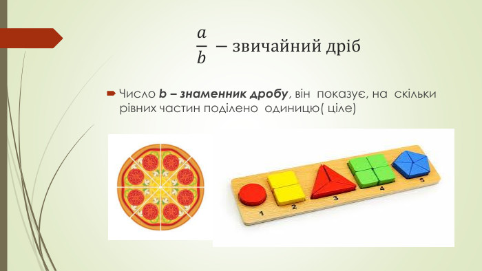 𝑎𝑏 −звичайний дріб Число b – знаменник дробу, він показує, на скільки рівних частин поділено одиницю( ціле)