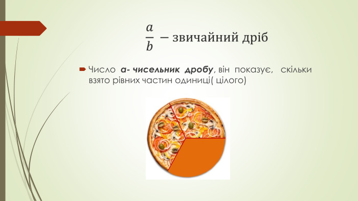 Число a- чисельник дробу, він показує, скільки взято рівних частин одиниці( цілого)