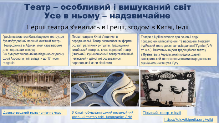 Театр – особливий і вишуканий світ Усе в ньому – надзвичайне. Перші театри з’явились в Греції, згодом в Китаї, ІндіїГреція вважається батьківщиною театру, де був побудований перший кам'яний театр - Театр Діоніса в Афінах, який став взірцем для подальших споруд. Він був розташований на південно-східному схилі Акрополя і міг вміщати до 17 тисяч глядачів. Перші театри в Китаї з'явилися в середньовіччі. Театр розвивався як форма розваг і релігійних ритуалів. Традиційний китайський театр включає народний театр (іянський), куньшаньський театр та пізніший пекінський - цзінсі, які розвивалися паралельно і мали різні стилі. Театри в Індії включали два основні види: придворний (літературний) та народний. Розквіту індійський театр досяг за часів династії Гуптів (IV-V ст. н.е.). Важливим видом традиційного театру є Кутіяттам з Керали, який поєднує давній санскритський театр з елементами стародавнього сценічного мистецтва Куту. Тіньовий театр в ІндіїУ Китаї побудували самий незвичайний оперний театр у світі. Інфографіка / NVДавньогрецький театр - античне чудоhttps://uk.wikipedia.org/wiki 