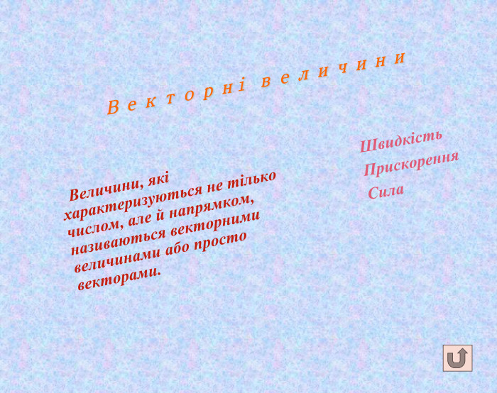 Векторні величини Величини, які характеризуються не тілько числом, але й напрямком, називаються векторними величинами або просто векторами. Швидкість. Прискорення. Сила