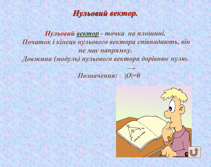 Нульовий вектор. Нульовий вектор - точка на плошині. Початок і кінець нульового вектора співпадають, він не має напрямку. Довжина (модуль) нульового вектора дорівнює нулю. Позначення: |О|=0