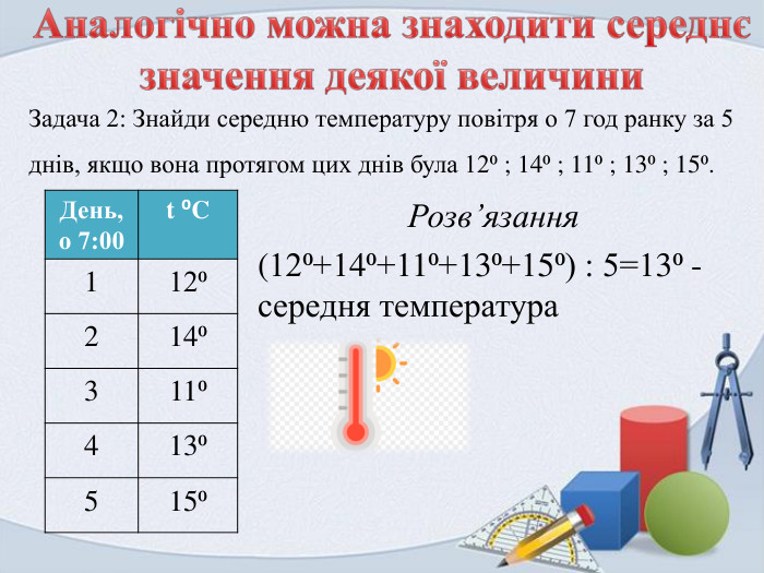 Аналогічно можна знаходити середнє значення деякої величини. Задача 2: Знайди середню температуру повітря о 7 год ранку за 5 днів, якщо вона протягом цих днів була 12⁰ ; 14⁰ ; 11⁰ ; 13⁰ ; 15⁰.{5 A111915-BE36-4 E01-A7 E5-04 B1672 EAD32}День, о 7:00t ⁰C112⁰ 214⁰ 311⁰ 413⁰ 515⁰ Розв’язання (12⁰+14⁰+11⁰+13⁰+15⁰) : 5=13⁰ - середня температура