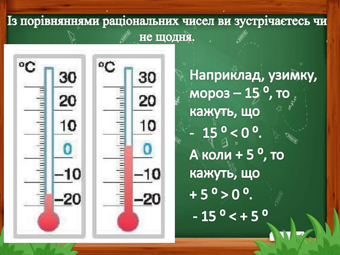 Із порівняннями раціональних чисел ви зустрічаєтесь чи не щодня. Наприклад, узимку, мороз – 15 ⁰, то кажуть, що 15 ⁰ < 0 ⁰. А коли + 5 ⁰, то кажуть, що + 5 ⁰ > 0 ⁰. - 15 ⁰ < + 5 ⁰ 
