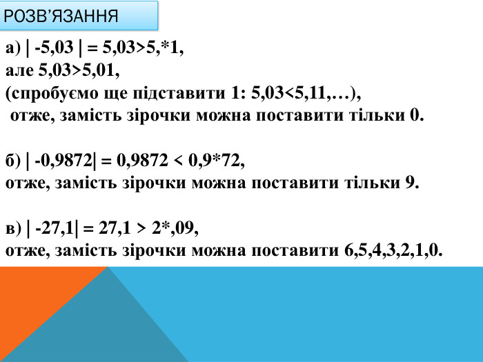 Розв’язання а) | -5,03 | = 5,03>5,*1, але 5,03>5,01,(спробуємо ще підставити 1: 5,03<5,11,…), отже, замість зірочки можна поставити тільки 0.б) | -0,9872| = 0,9872 < 0,9*72, отже, замість зірочки можна поставити тільки 9.в) | -27,1| = 27,1 > 2*,09, отже, замість зірочки можна поставити 6,5,4,3,2,1,0.