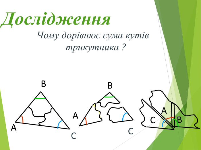 Дослідження Чому дорівнює сума кутів трикутника ?  В А В С В В В С А С А 