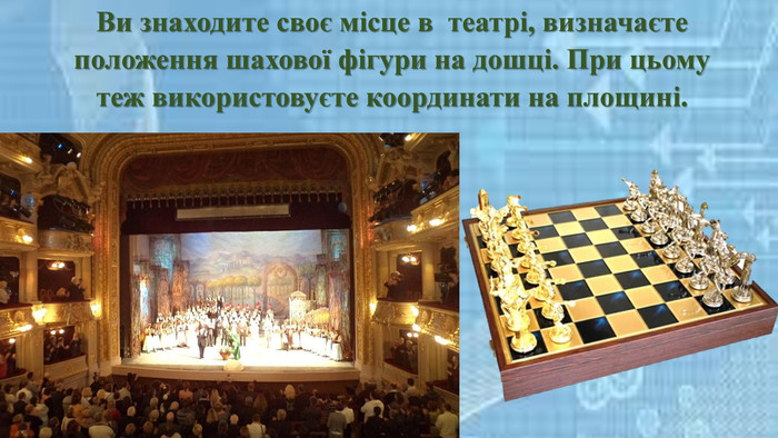 Ви знаходите своє місце в театрі, визначаєте положення шахової фігури на дошці. При цьому теж використовуєте координати на площині.