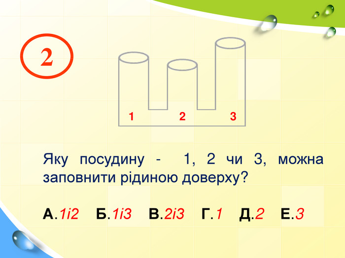  Яку посудину - 1, 2 чи 3, можна заповнити рідиною доверху?А.1і2 Б.1і3 В.2і3 Г.1 Д.2 Е.32 1 2 3