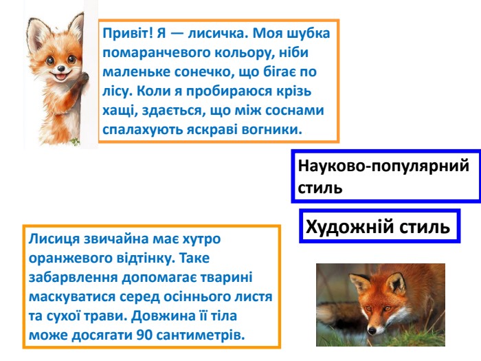 Привіт! Я — лисичка. Моя шубка помаранчевого кольору, ніби маленьке сонечко, що бігає по лісу. Коли я пробираюся крізь хащі, здається, що між соснами спалахують яскраві вогники. Лисиця звичайна має хутро оранжевого відтінку. Таке забарвлення допомагає тварині маскуватися серед осіннього листя та сухої трави. Довжина її тіла може досягати 90 сантиметрів. Художній стиль Науково-популярний  стиль 
