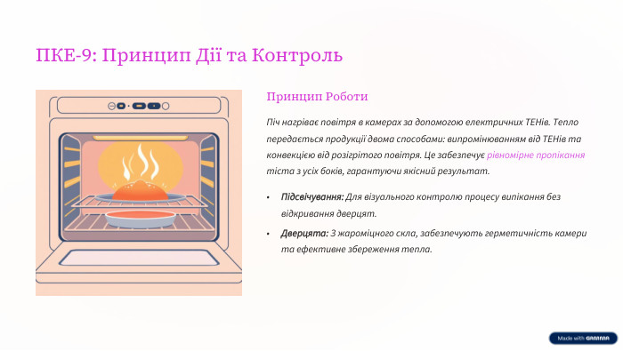 ПКЕ-9: Принцип Дії та Контроль. Принцип Роботи. Піч нагріває повітря в камерах за допомогою електричних ТЕНів. Тепло передається продукції двома способами: випромінюванням від ТЕНів та конвекцією від розігрітого повітря. Це забезпечує рівномірне пропікання тіста з усіх боків, гарантуючи якісний результат. Підсвічування: Для візуального контролю процесу випікання без відкривання дверцят. Дверцята: З жароміцного скла, забезпечують герметичність камери та ефективне збереження тепла.