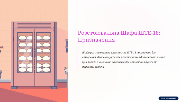 Розстоювальна Шафа ШТЕ-18: Призначення. Шафа розстоювальна електрична ШТЕ-18 призначена для створення ідеальних умов для розстоювання дріжджового тіста. Цей процес є критично важливим для отримання пухкої та пористої випічки.