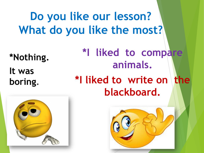 Do you like our lesson?What do you like the most?*Nothing. It was boring.*I liked to compare animals.*I liked to write on the blackboard. 