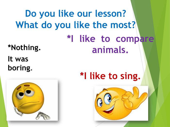 Do you like our lesson?What do you like the most?*Nothing. It was boring.*I like to compare animals.*I like to sing. 