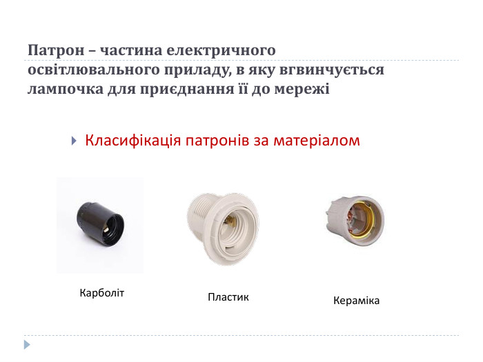 Патрон – частина електричного освітлювального приладу, в яку вгвинчується лампочка для приєднання її до мережіКласифікація патронів за матеріалом. Карболіт. Пластик. Кераміка