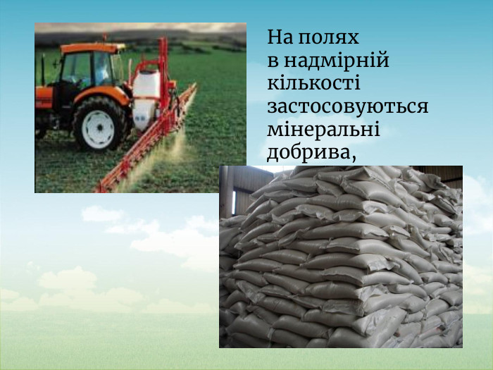 На полях в надмірній кількості застосовуються мінеральні добрива, які руйнують ґрунт.