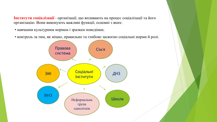 Інститути соціалізації - організації, що впливають на процес соціалізації та його організацію. Вони виконують важливі функції, основні з яких: • навчання культурним нормам і зразкам поведінки; • контроль за тим, як міцно, правильно та глибоко засвоєно соціальні норми й ролі. Соціальні інститути. ДНЗШкола. ЗМІНеформальна група однолітків. ВНЗСім'я Правова система