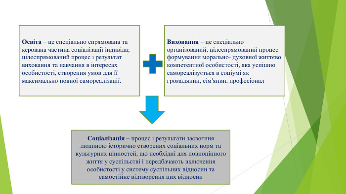 Освіта – це спеціально спрямована та керована частина соціалізації індивіда; цілеспрямований процес і результат виховання та навчання в інтересах особистості, створення умов для її максимально повної самореалізації. Виховання – це спеціально організований, цілеспрямований процес формування морально- духовної життєво компетентної особистості, яка успішно самореалізується в соціумі як громадянин, сім'янин, професіонал. Соціалізація – процес і результати засвоєння людиною історично створених соціальних норм та культурних цінностей, що необхідні для повноцінного життя у суспільстві і передбачають включення особистості у систему суспільних відносин та самостійне відтворення цих відносин 