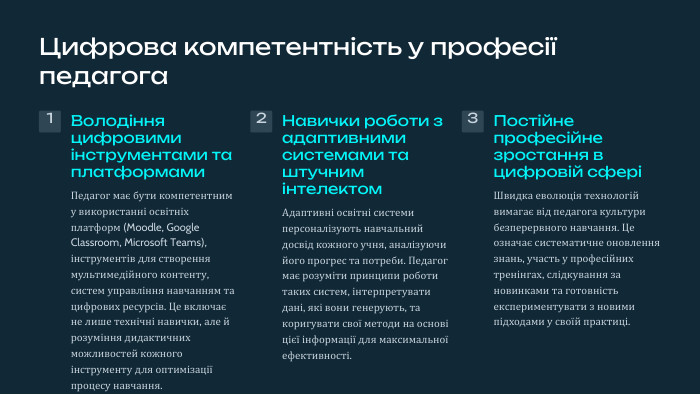 Цифрова компетентність у професії педагога1 Володіння цифровими інструментами та платформами. Педагог має бути компетентним у використанні освітніх платформ (Moodle, Google Classroom, Microsoft Teams), інструментів для створення мультимедійного контенту, систем управління навчанням та цифрових ресурсів. Це включає не лише технічні навички, але й розуміння дидактичних можливостей кожного інструменту для оптимізації процесу навчання.2 Навички роботи з адаптивними системами та штучним інтелектом. Адаптивні освітні системи персоналізують навчальний досвід кожного учня, аналізуючи його прогрес та потреби. Педагог має розуміти принципи роботи таких систем, інтерпретувати дані, які вони генерують, та коригувати свої методи на основі цієї інформації для максимальної ефективності.3 Постійне професійне зростання в цифровій сферіШвидка еволюція технологій вимагає від педагога культури безперервного навчання. Це означає систематичне оновлення знань, участь у професійних тренінгах, слідкування за новинками та готовність експериментувати з новими підходами у своїй практиці.