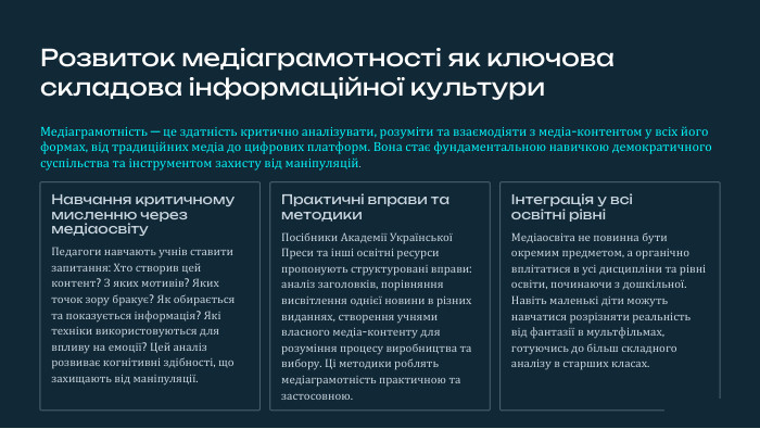 Розвиток медіаграмотності як ключова складова інформаційної культури. Медіаграмотність — це здатність критично аналізувати, розуміти та взаємодіяти з медіа-контентом у всіх його формах, від традиційних медіа до цифрових платформ. Вона стає фундаментальною навичкою демократичного суспільства та інструментом захисту від маніпуляцій. Навчання критичному мисленню через медіаосвіту. Педагоги навчають учнів ставити запитання: Хто створив цей контент? З яких мотивів? Яких точок зору бракує? Як обирається та показується інформація? Які техніки використовуються для впливу на емоції? Цей аналіз розвиває когнітивні здібності, що захищають від маніпуляції. Практичні вправи та методики. Посібники Академії Української Преси та інші освітні ресурси пропонують структуровані вправи: аналіз заголовків, порівняння висвітлення однієї новини в різних виданнях, створення учнями власного медіа-контенту для розуміння процесу виробництва та вибору. Ці методики роблять медіаграмотність практичною та застосовною.Інтеграція у всі освітні рівніМедіаосвіта не повинна бути окремим предметом, а органічно вплітатися в усі дисципліни та рівні освіти, починаючи з дошкільної. Навіть маленькі діти можуть навчатися розрізняти реальність від фантазії в мультфільмах, готуючись до більш складного аналізу в старших класах.