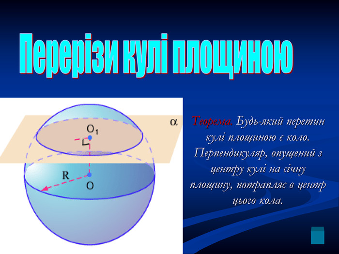 Теорема. Будь-який перетин кулі площиною є коло. Перпендикуляр, опущений з центру кулі на січну площину, потрапляє в центр цього кола.  