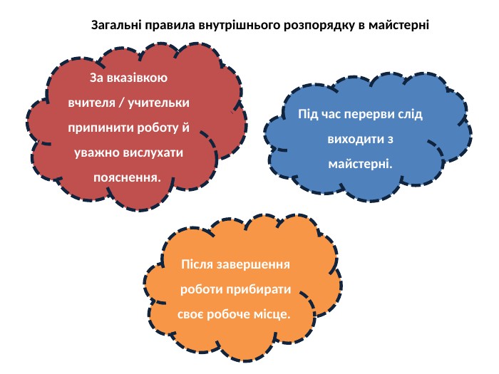 Загальні правила внутрішнього розпорядку в майстерніЗа вказівкою вчителя / учительки припинити роботу й уважно вислухати пояснення. Під час перерви слід виходити з майстерні. Після завершення роботи прибирати своє робоче місце. 