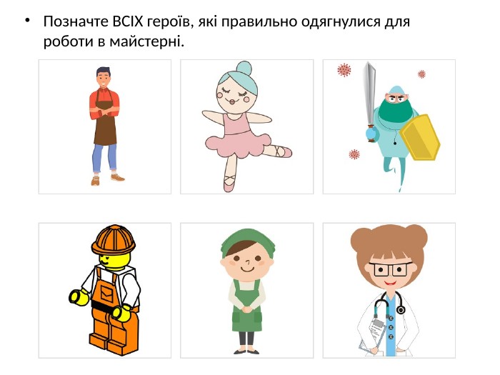 Позначте ВСІХ героїв, які правильно одягнулися для роботи в майстерні.