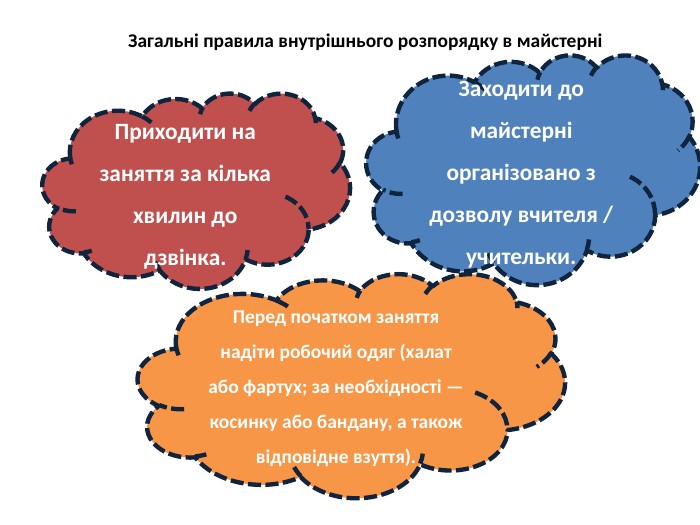 Загальні правила внутрішнього розпорядку в майстерніПриходити на заняття за кілька хвилин до дзвінка. Заходити до майстерні організовано з дозволу вчителя / учительки. Перед початком заняття надіти робочий одяг (халат або фартух; за необхідності — косинку або бандану, а також відповідне взуття).
