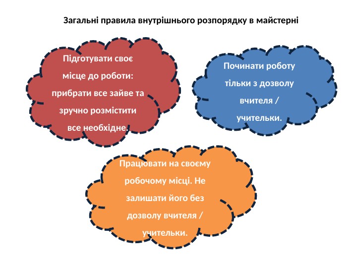 Загальні правила внутрішнього розпорядку в майстерніПідготувати своє місце до роботи: прибрати все зайве та зручно розмістити все необхідне. Починати роботу тільки з дозволу вчителя / учительки. Працювати на своєму робочому місці. Не залишати його без дозволу вчителя / учительки.